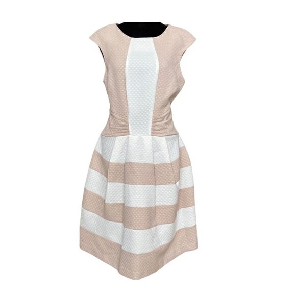 Gabby Skye Tan and White Striped Full Skirt Dress (Womens 10) - Picture 2 of 9